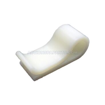 White plastic curved clip/spacer with a rounded inner surface, used to hold or guide a component.