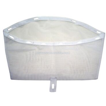 White fabric collection bag with metal grommets around the rim and a hanging strap at the bottom, likely for debris collection or vacuum/leaf bag use.