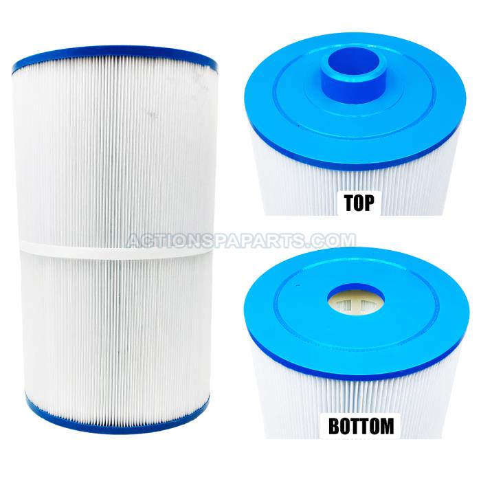 Pleated white pool filter cartridge with blue end caps shown from side, top, and bottom views for replacement reference.