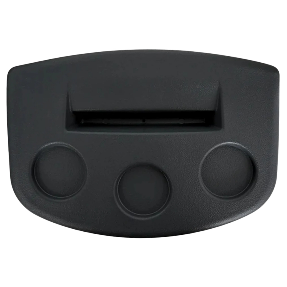 Black plastic control panel with a horizontal slot and three circular button depressions beneath it.